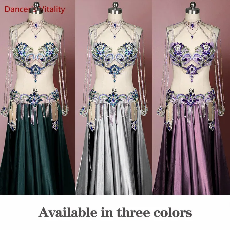 Belly Dance Competition Costume Suit for Women Cusomized Bra satin Split Long Skirt 2pcs Female Oriental Bellydance Outfit