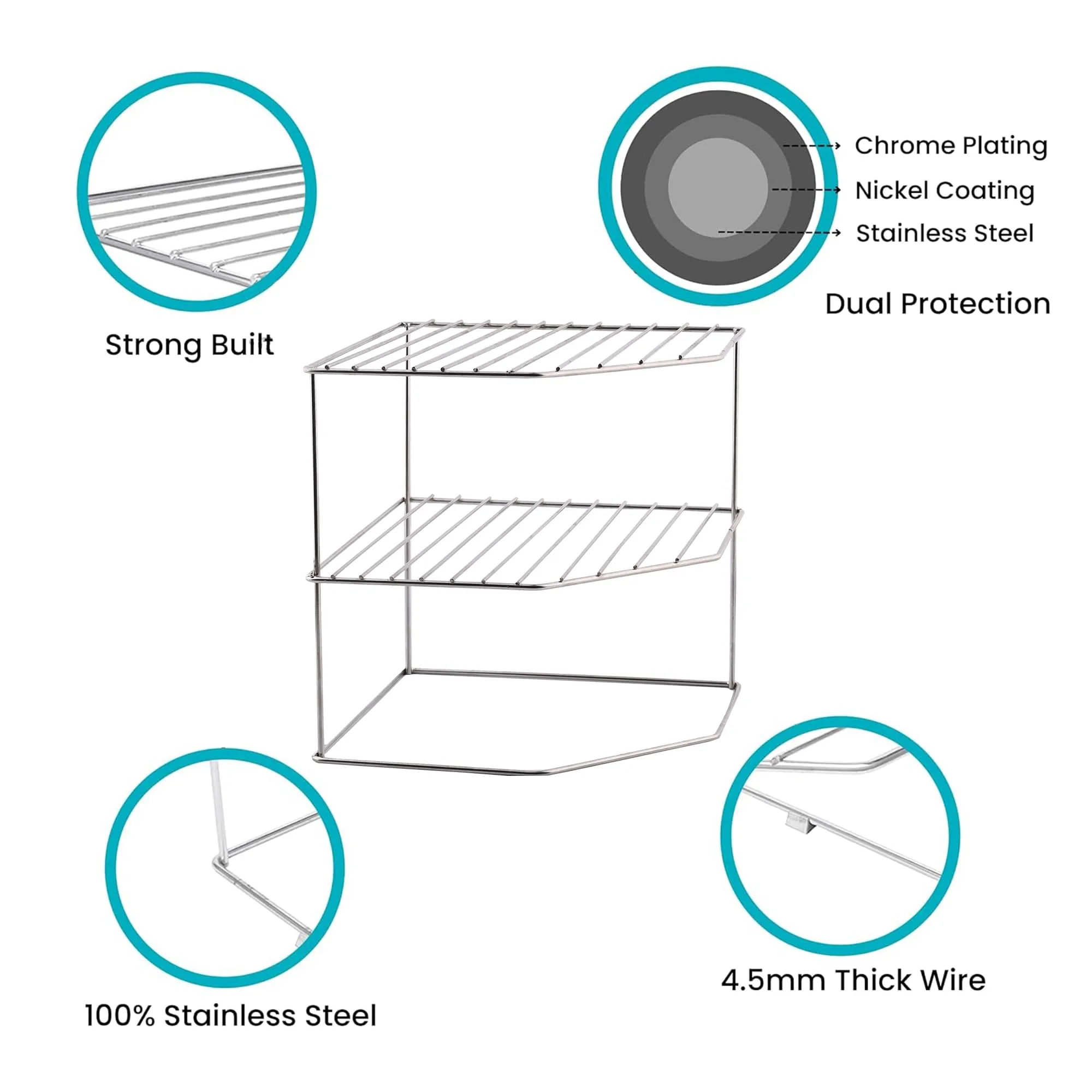 Kuber Industries (Set of 4) Multipurpose Counter Top Spice Rack Trolley Organizer 3-Layer Stainless Steel Corner Stand for Kitchen | Silver