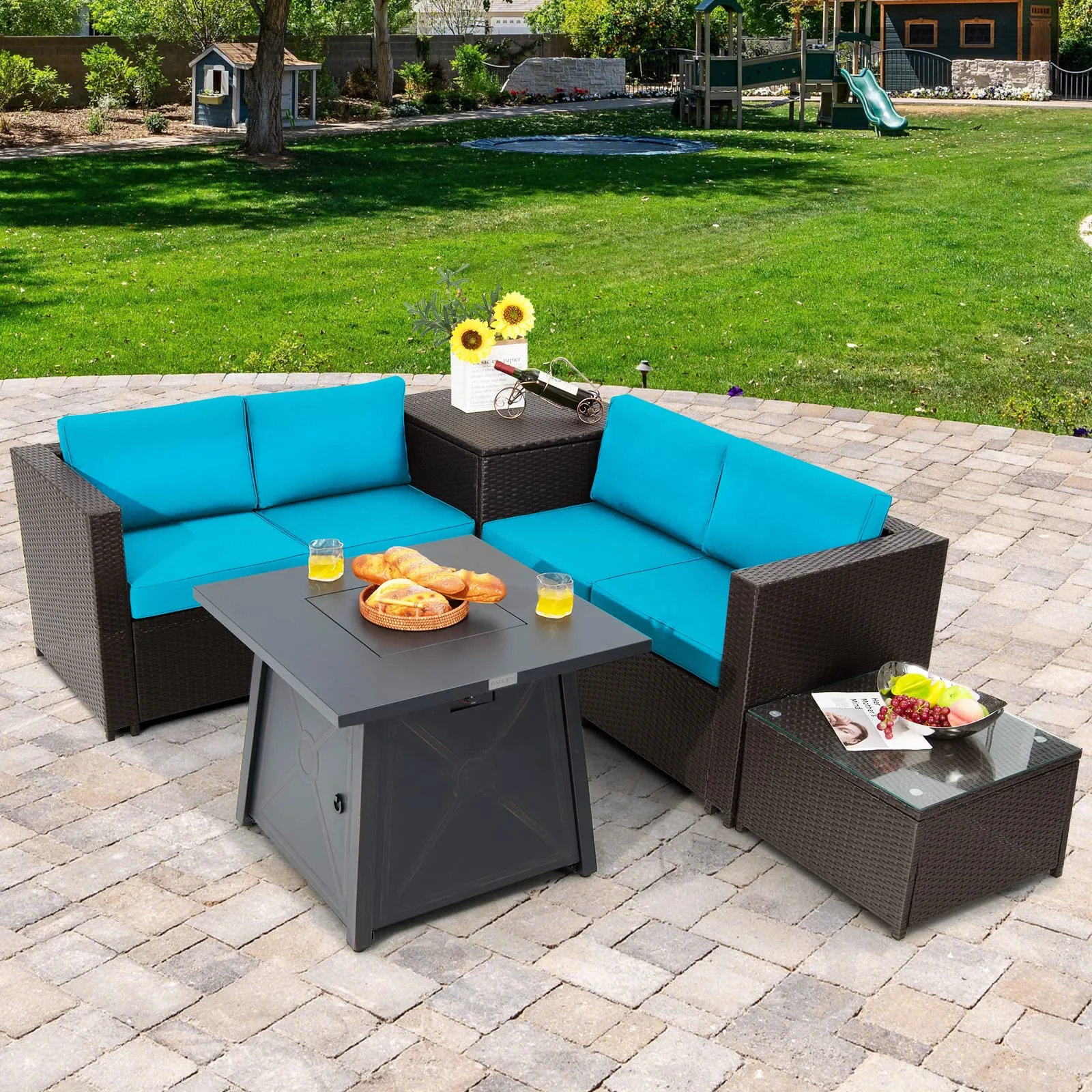 Tangkula 5 Piece Patio Furniture Set with 50,000 BTU Propane Fire Pit Table, Outdoor Wicker Conversation Set